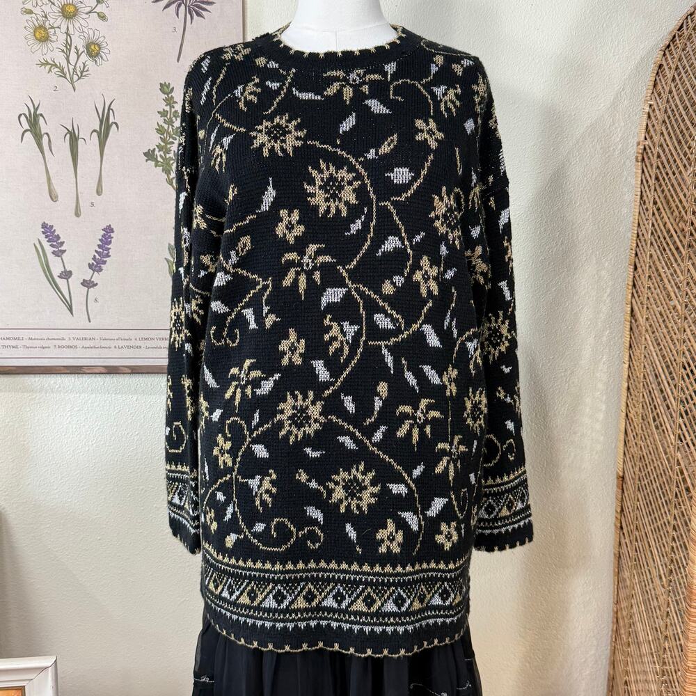 Vintage 80s 90s Metallic Gold Floral Pullover Sweater Whimsigoth Witchy Whimsy L